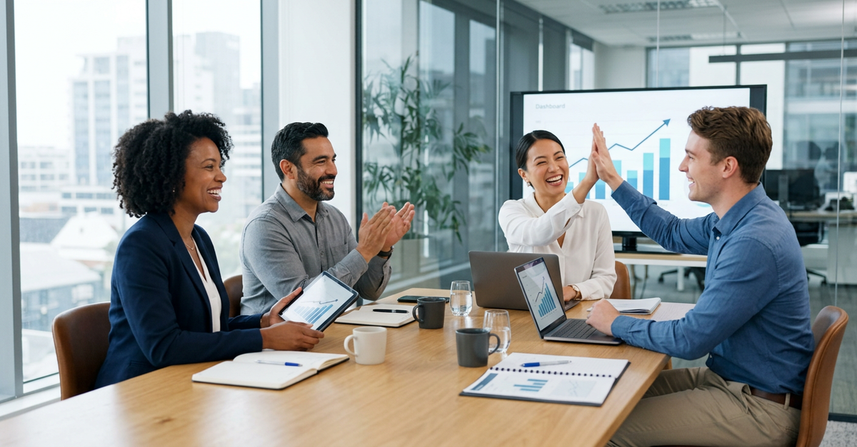 Equipe comercial B2B celebrando resultados de receita previsível
