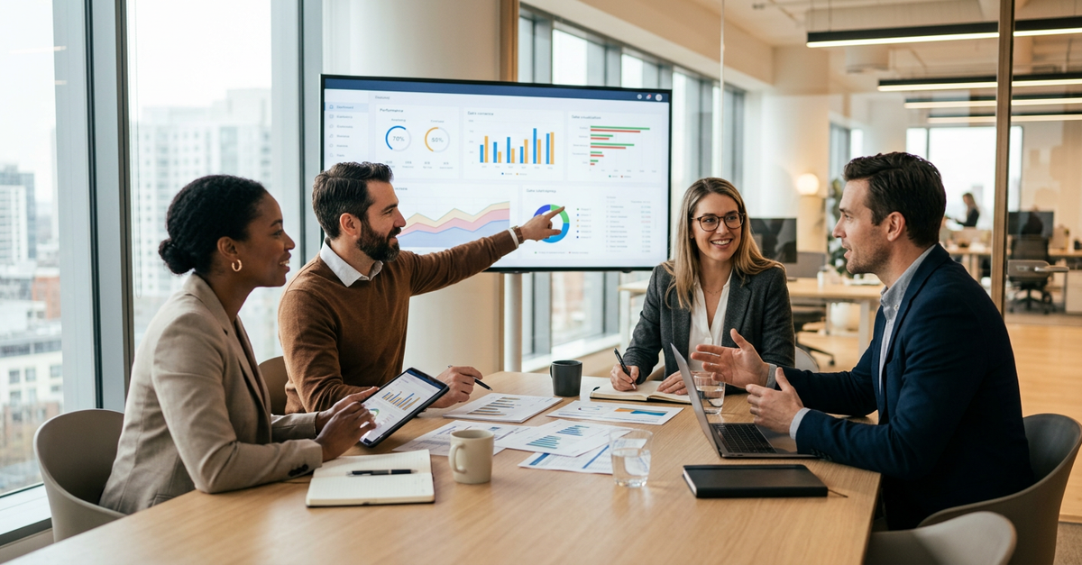 Equipe analisando métricas de ROI marketing B2B em reunião estratégica