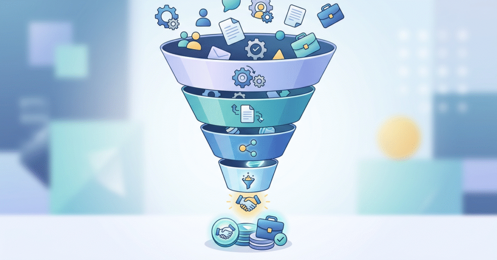 Funil de vendas B2B com leads qualificados em diferentes estágios