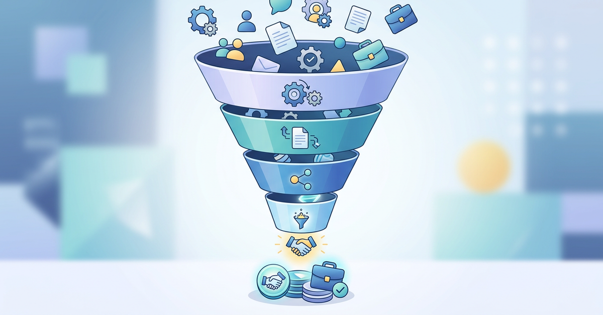 Funil de vendas B2B com leads qualificados em diferentes estágios