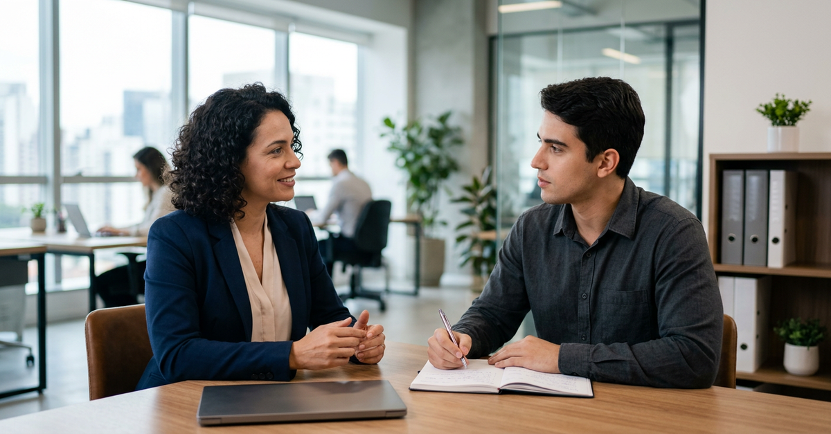 Gestor dando feedback construtivo para vendedor B2B