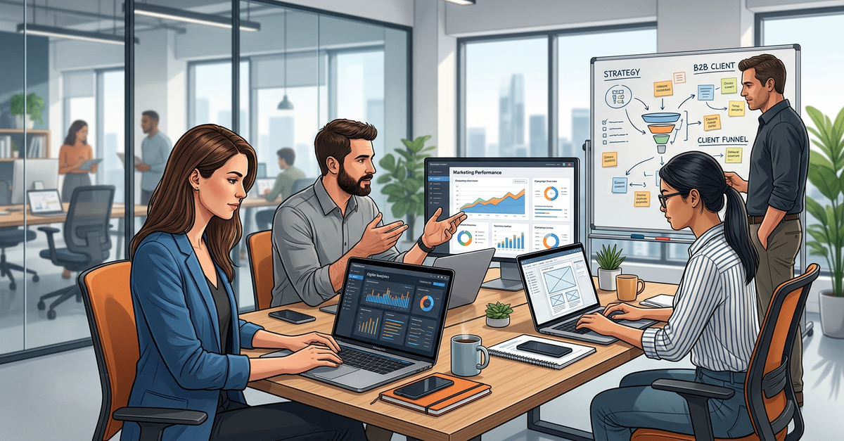 Equipe trabalhando em estratégias de marketing B2B