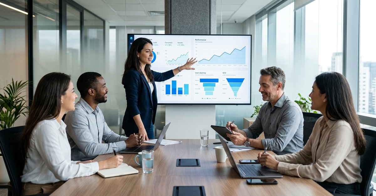 Equipe de agência de marketing B2B alinhando estratégia de conteúdo e SEO