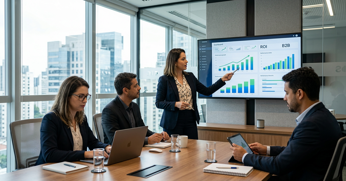 Executivos analisando ROI de campanhas LinkedIn Ads em reunião empresarial