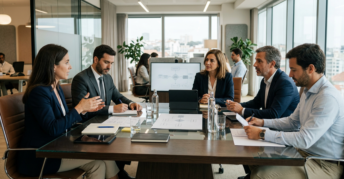 Reunião de alinhamento estratégico entre consultoria e empresa B2B