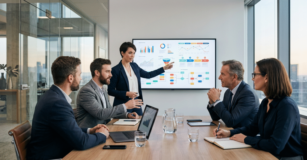 Reunião estratégica de agência de marketing B2B com cliente empresarial