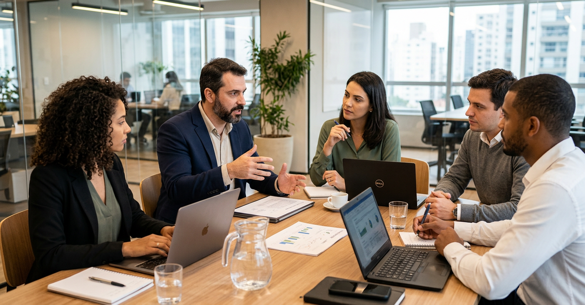 Reunião de decisão em vendas B2B com múltiplos stakeholders