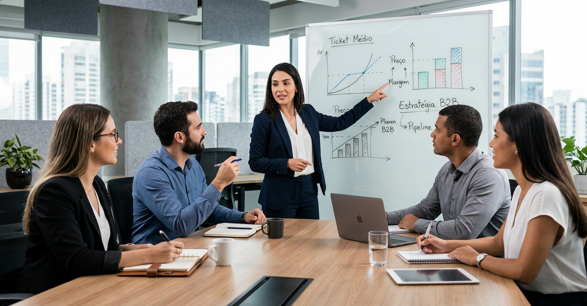 Reunião comercial B2B definindo estratégias de ticket médio