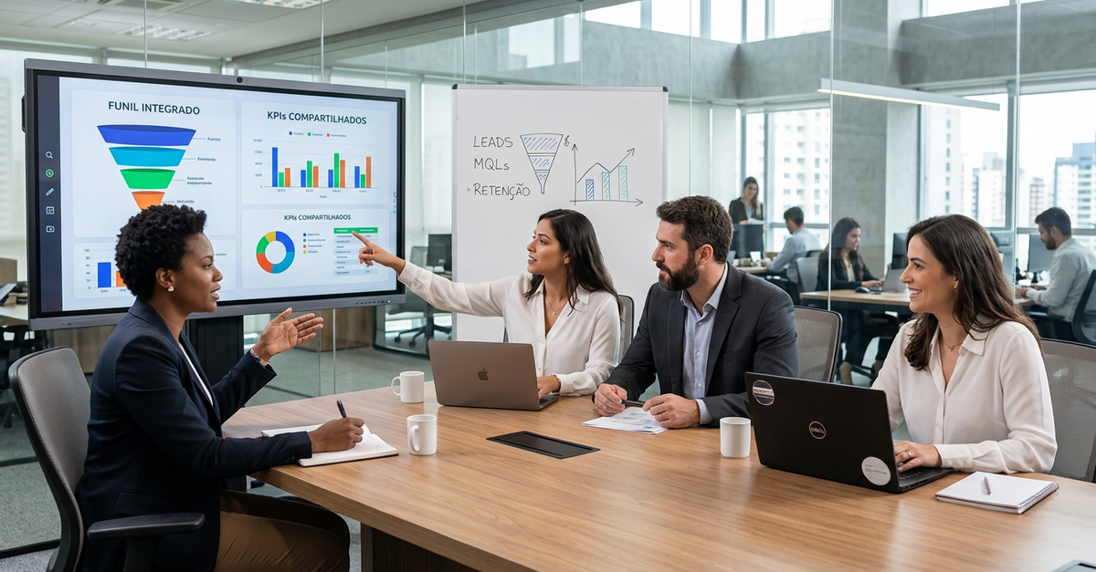 Times de marketing e vendas colaborando em estratégia de smarketing