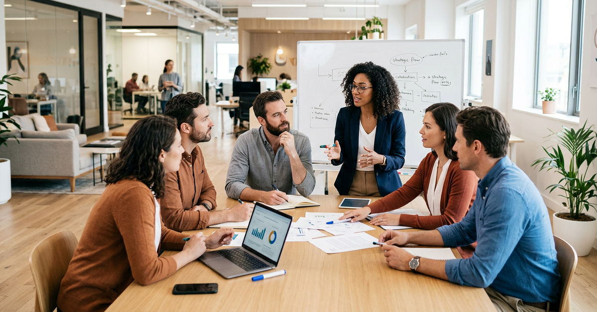 Equipe de marketing B2B e vendas trabalhando alinhadas para gerar resultados para PMEs