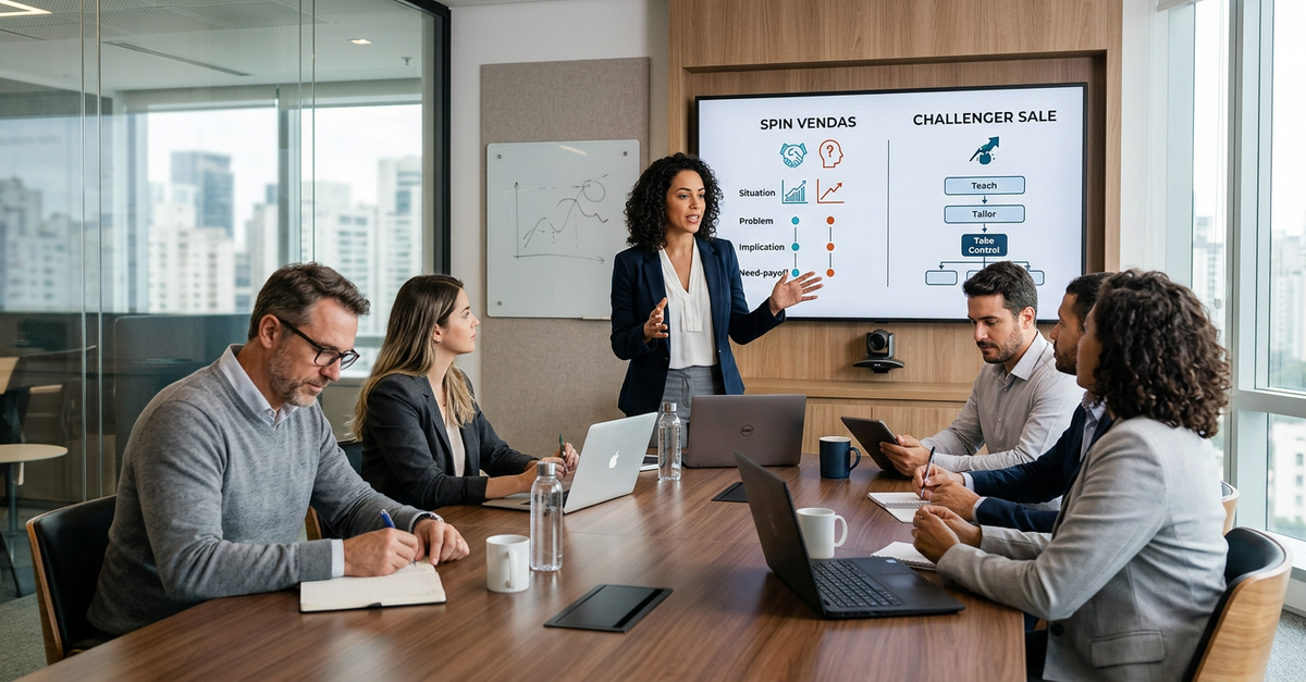Treinamento de equipes em metodologias SPIN e Challenger Sale para vendas B2B