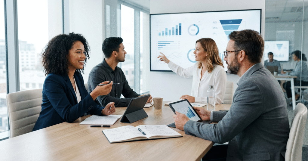 Reunião de negócios B2B com profissionais analisando estratégias de marketing digital