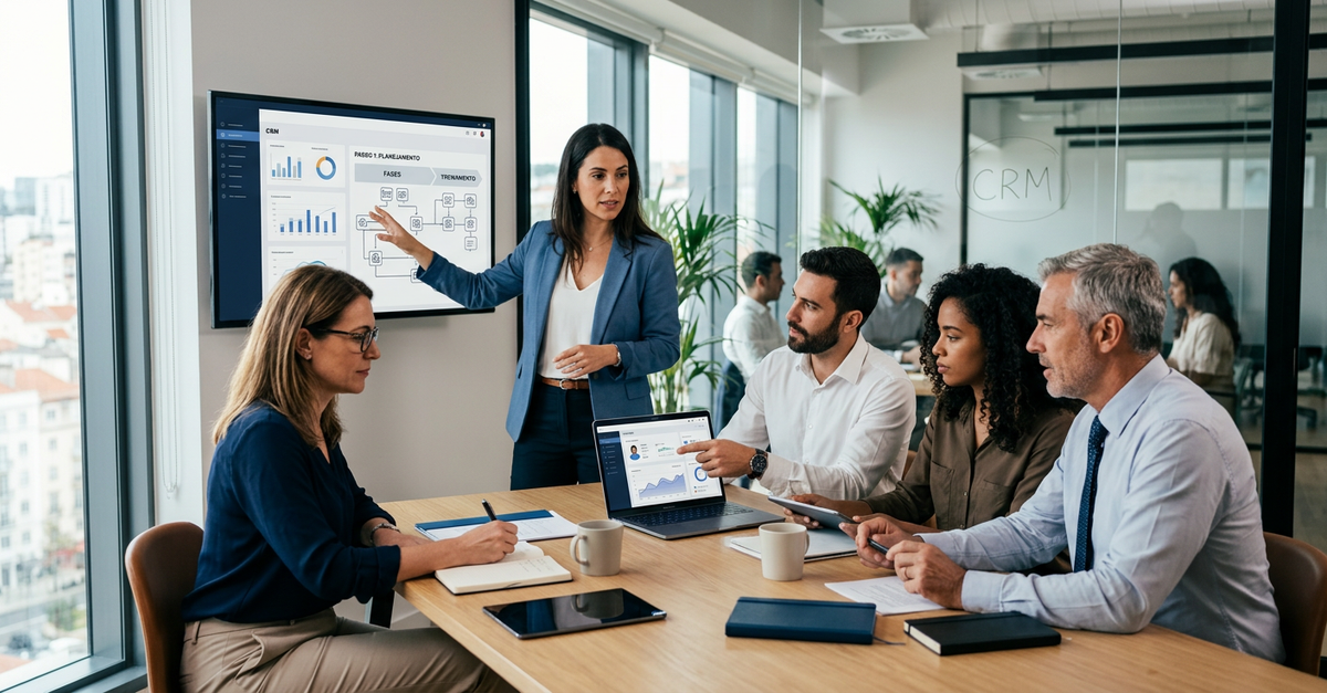 Equipe de vendas aprendendo a implementar CRM em empresa tradicional