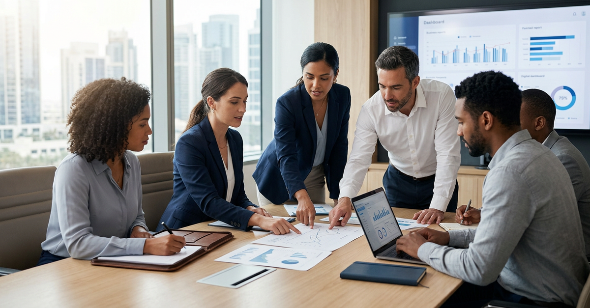 Equipe de vendas B2B analisando métricas de CAC em reunião estratégica