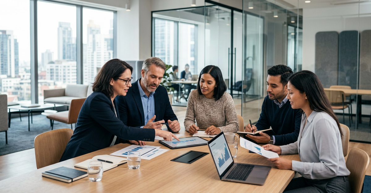 Equipe de marketing e vendas B2B trabalhando alinhada