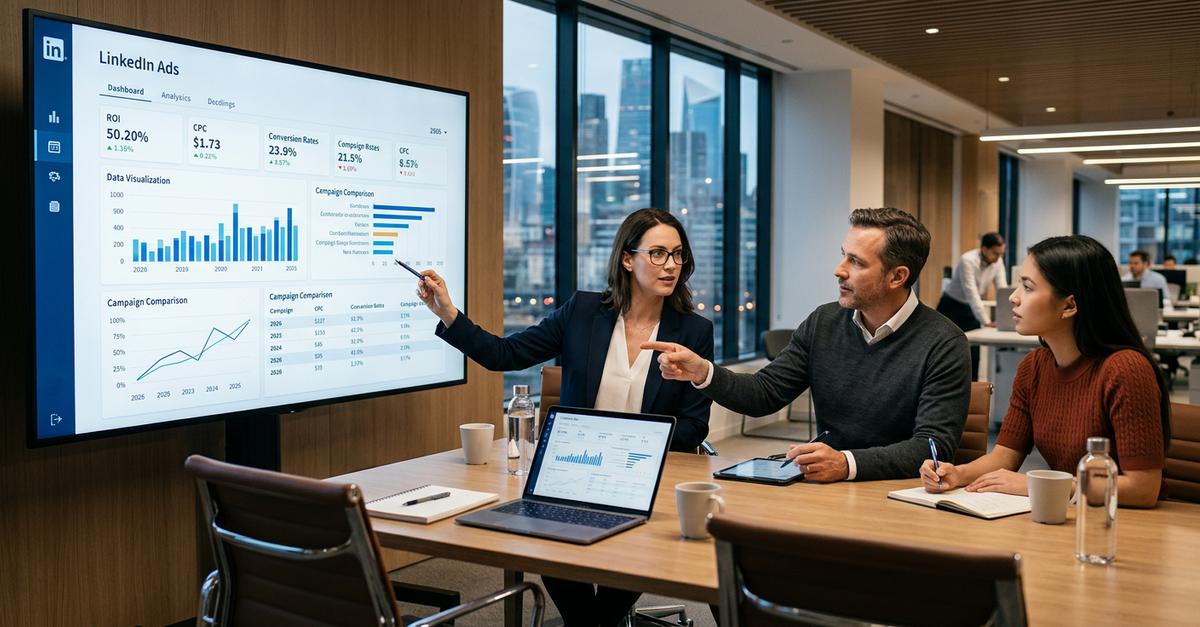 Reunião de análise de resultados LinkedIn Ads entre agência e cliente B2B