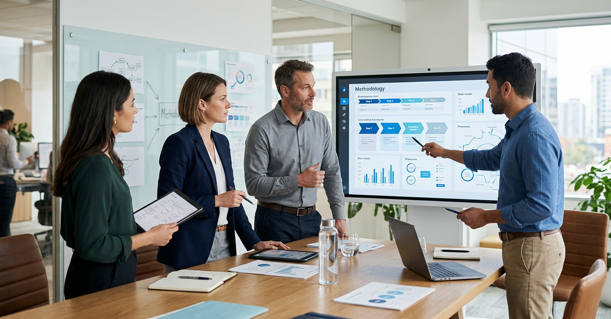 Equipe comercial B2B colaborando em estratégia de vendas consultivas