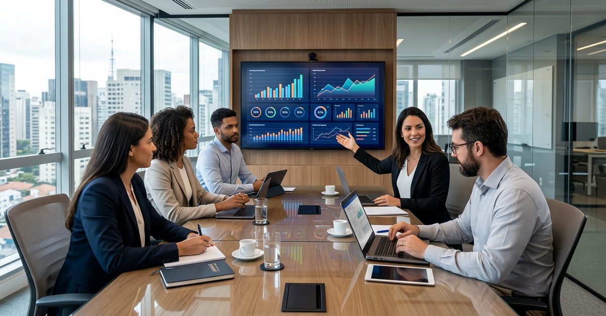 Reunião de estratégia de marketing B2B com dados de performance e benchmarks