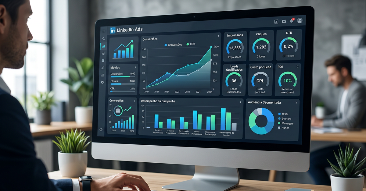 Dashboard de métricas LinkedIn Ads para serviços profissionais