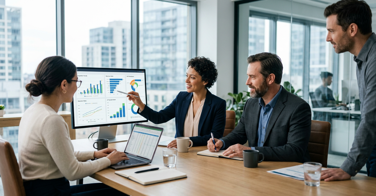 Reunião de análise de métricas CAC e LTV para otimização de vendas B2B