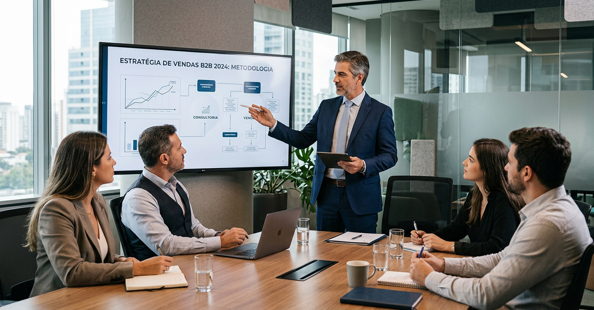 Reunião de consultoria de vendas B2B com análise de processos comerciais