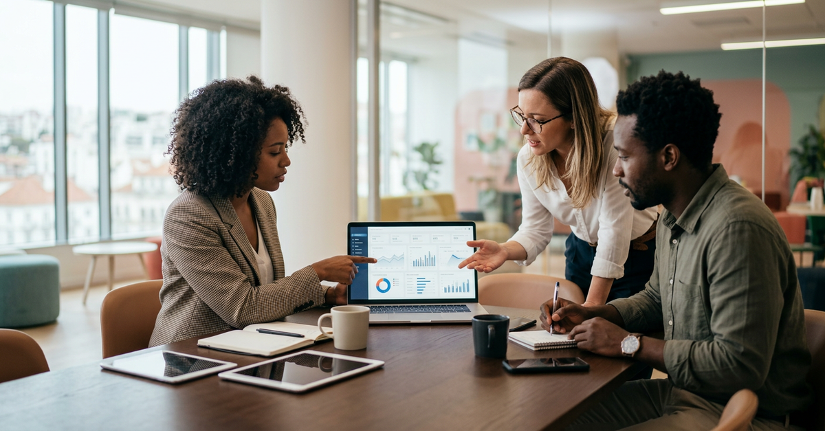 Reunião de análise de resultados entre agência de marketing e pequena empresa