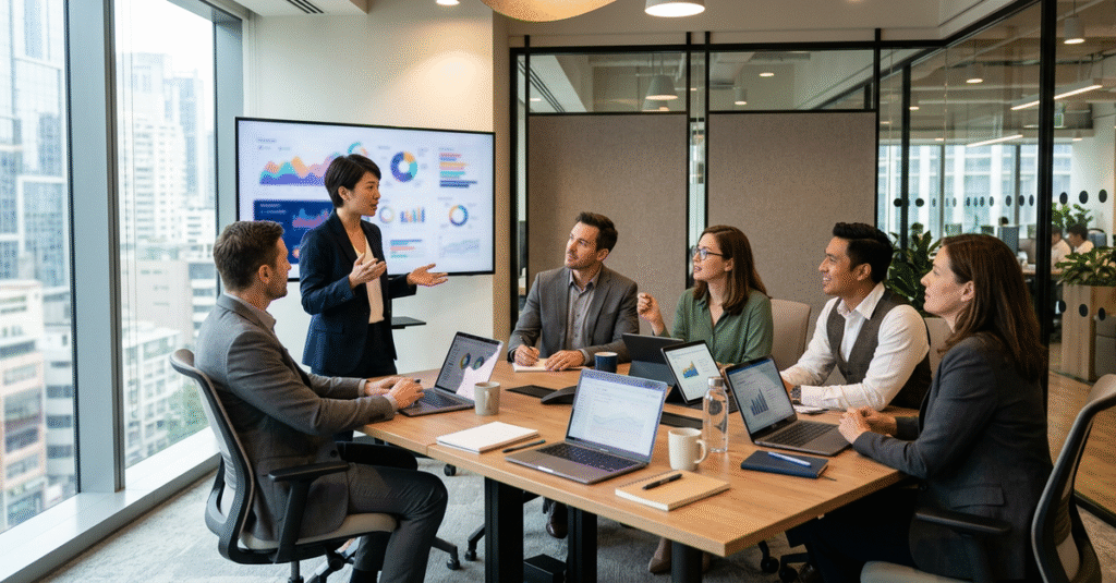 Equipe comercial B2B em reunião de alinhamento e motivação