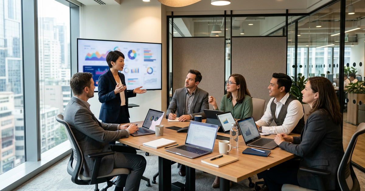 Equipe comercial B2B em reunião de alinhamento e motivação
