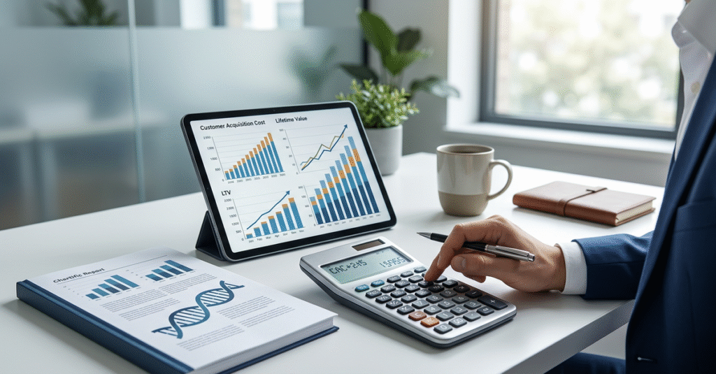 Cálculo de CAC e LTV para vendas B2B com calculadora e gráficos financeiros