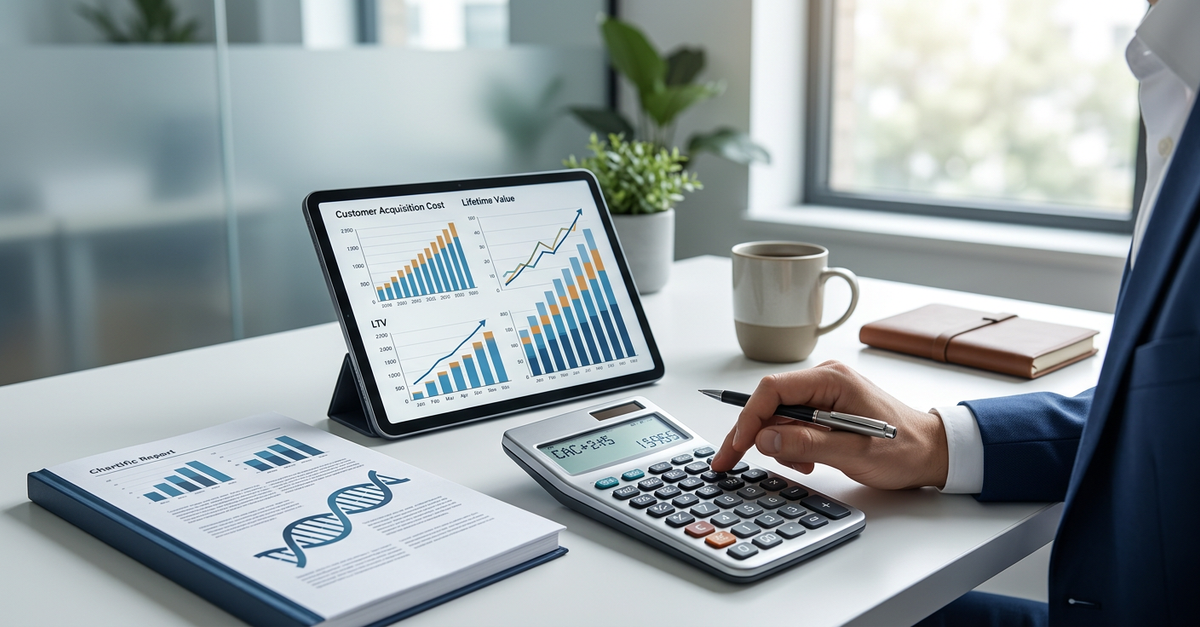 Cálculo de CAC e LTV para vendas B2B com calculadora e gráficos financeiros