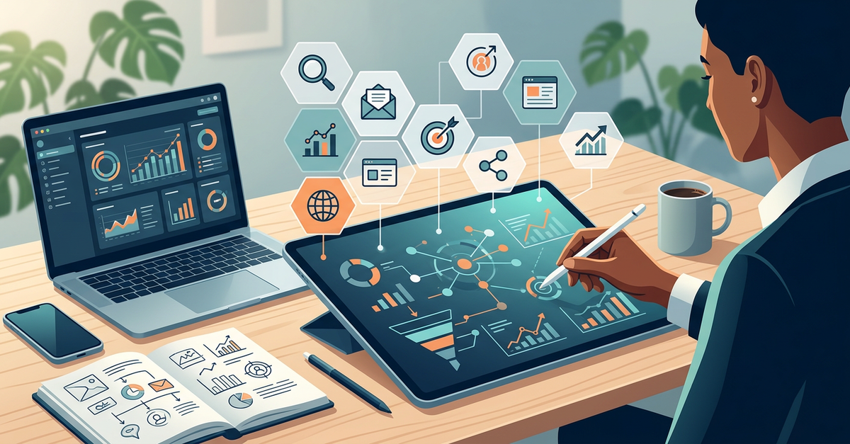 Planejamento estratégico de marketing B2B com análise de termos e métricas essenciais