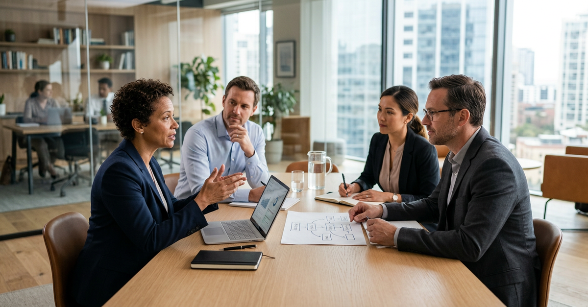 Reunião de alinhamento entre equipe de vendas e liderança