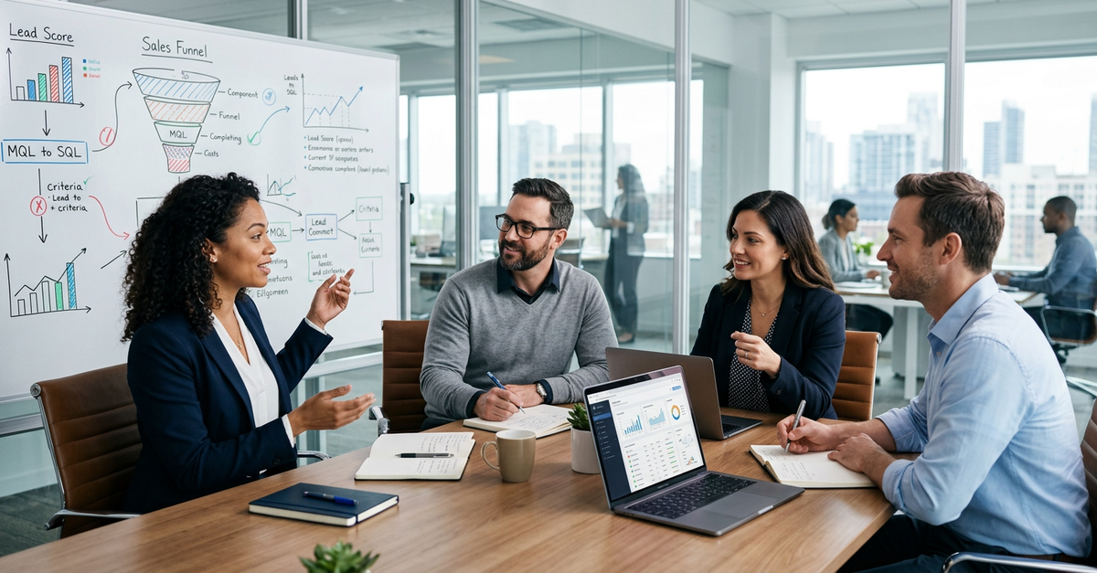 Equipe de marketing e vendas B2B alinhando processo de qualificação de leads