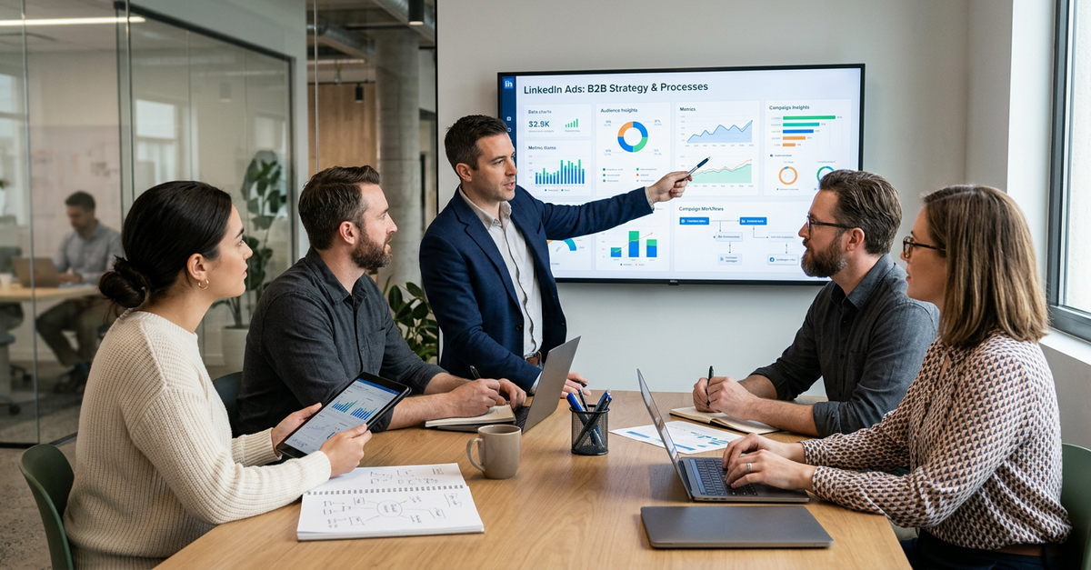 Equipe colaborando em estratégia de LinkedIn Ads B2B