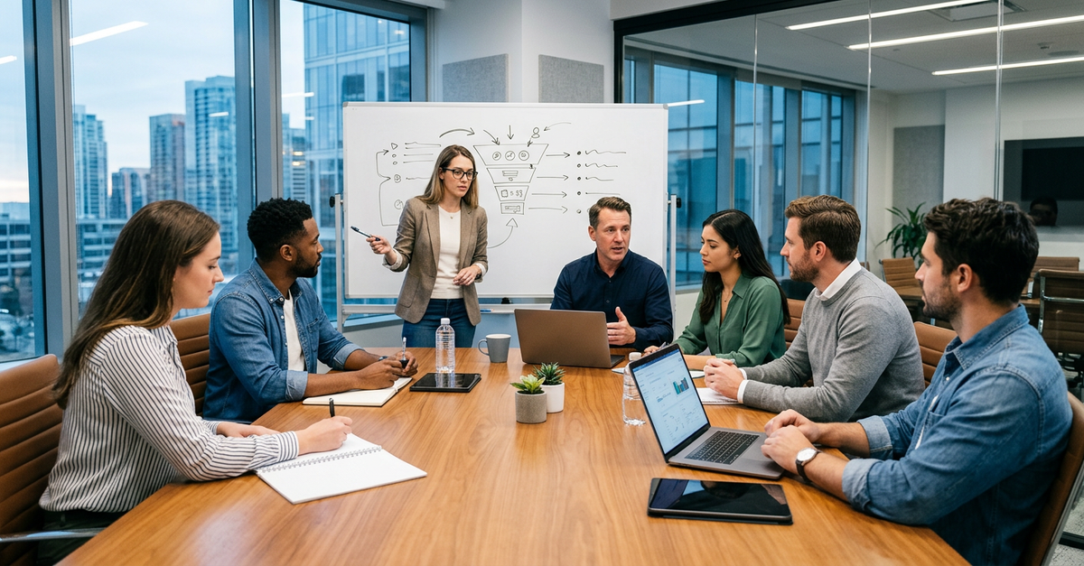 Equipe de marketing e vendas B2B alinhando estratégias de qualificação