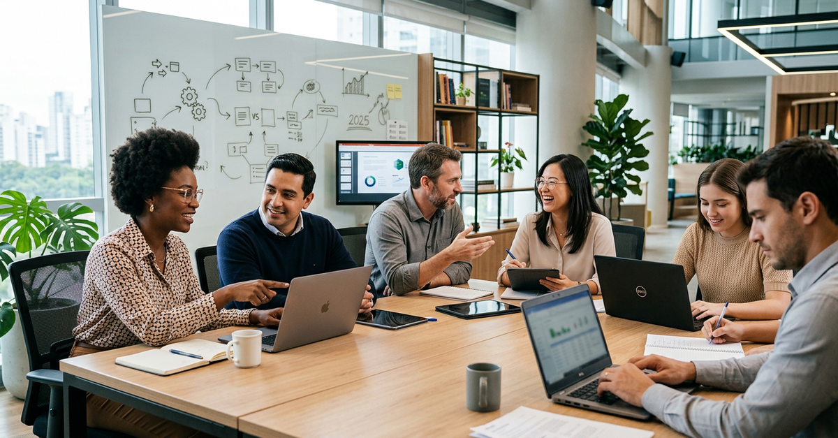 Equipe integrada de marketing e vendas trabalhando com metodologia estruturada