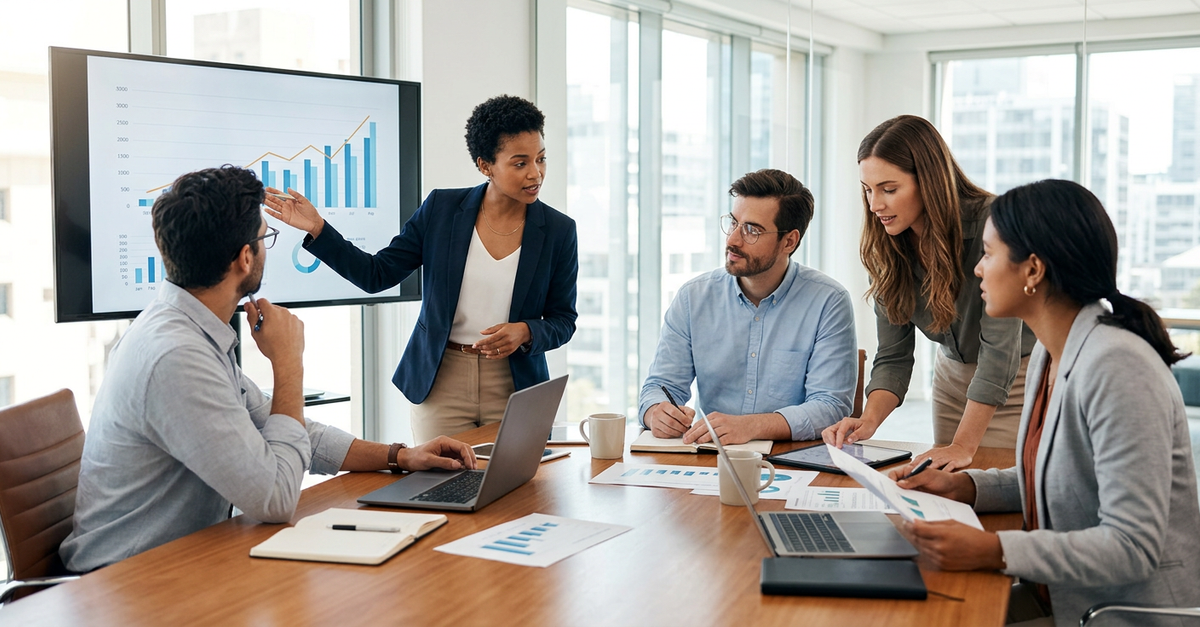 Equipe de vendas B2B analisando métricas e indicadores de performance