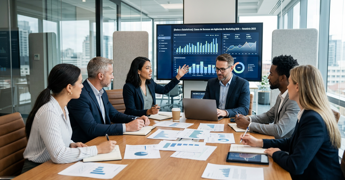 Equipe analisando resultados de casos de sucesso de marketing B2B