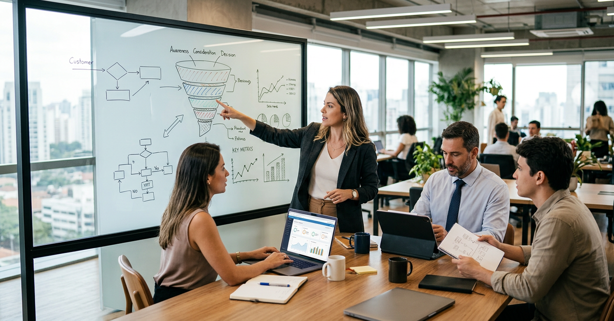 Equipe de vendas B2B em reunião estratégica analisando pipeline e métricas comerciais