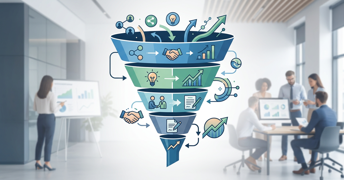 Funil de vendas B2B mostrando conversão entre etapas do processo