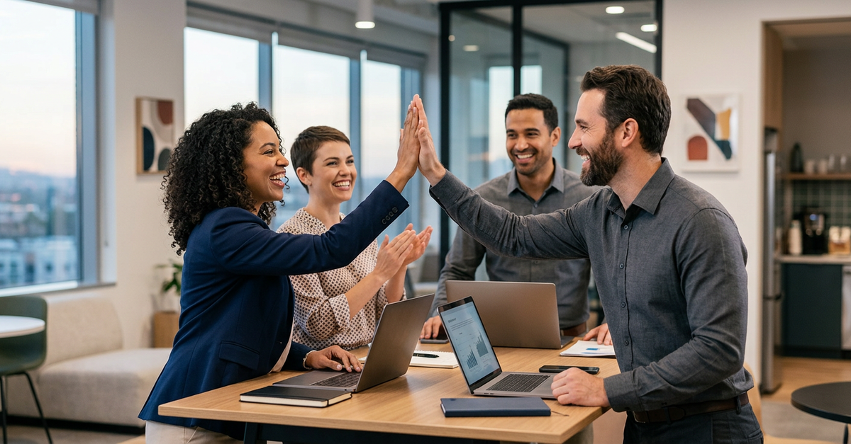 Time comercial B2B celebrando resultados e mantendo motivação alta