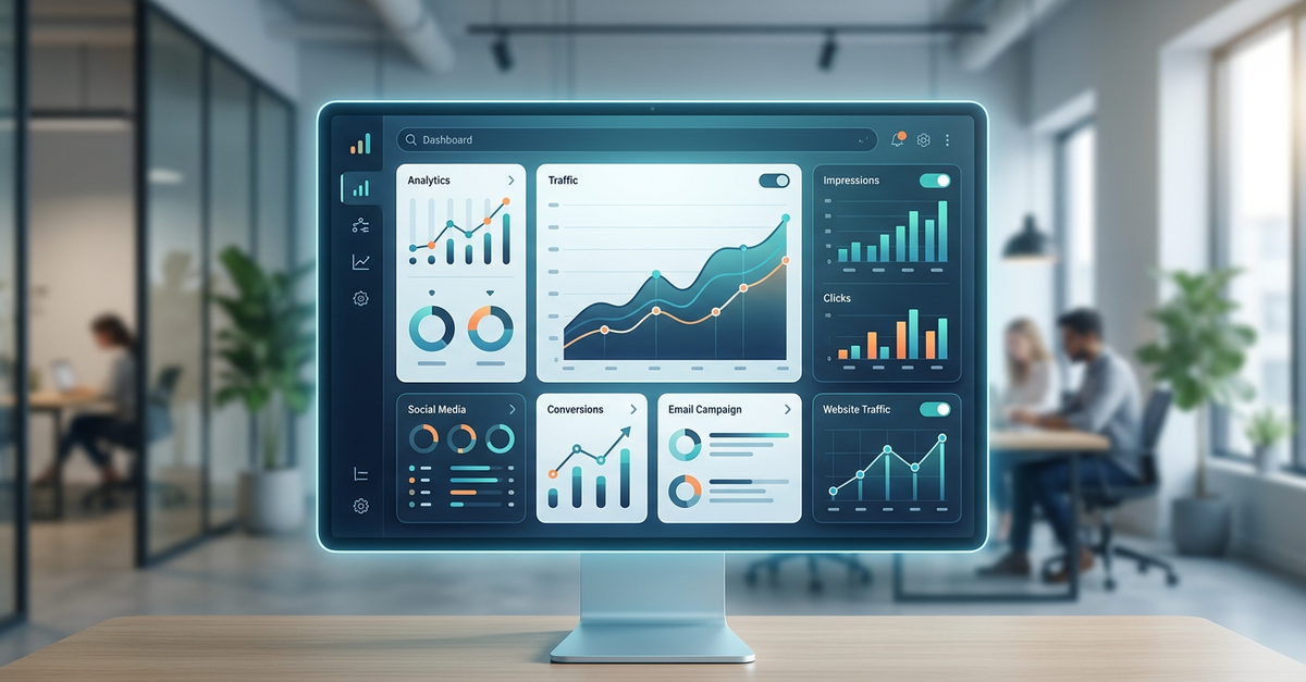 Dashboard de métricas de marketing digital mostrando ROI em tempo real