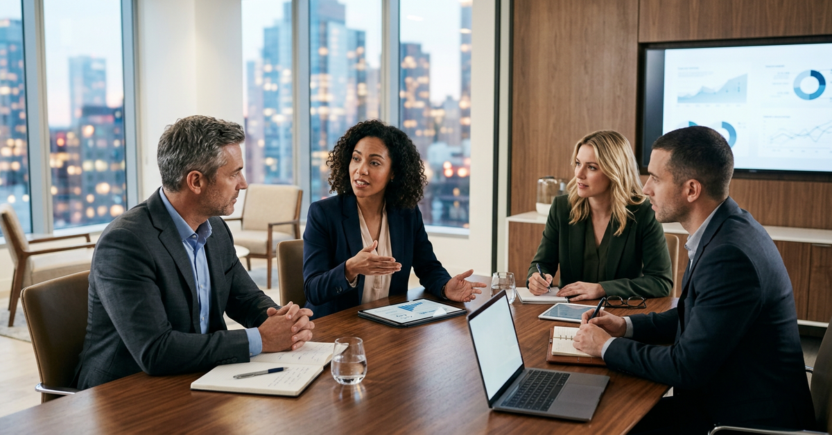 Reunião estratégica de alinhamento entre agência de marketing B2B e empresa de serviços profissionais