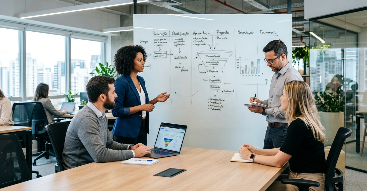 Time comercial B2B trabalhando em processo de vendas estruturado