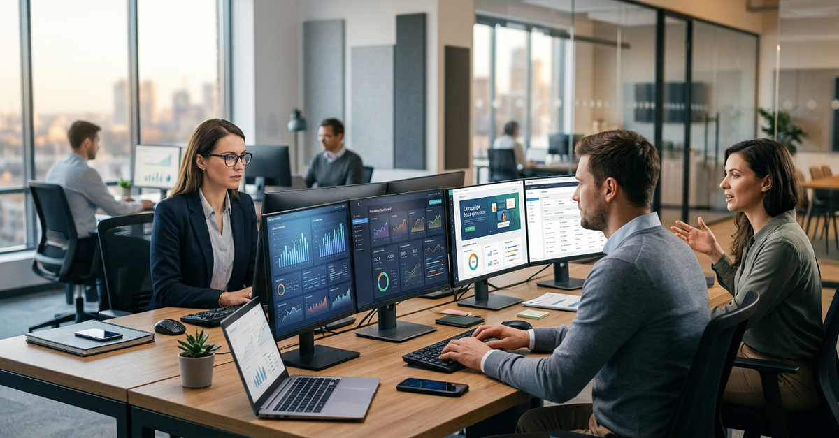 Equipe de agência de marketing B2B trabalhando em campanhas