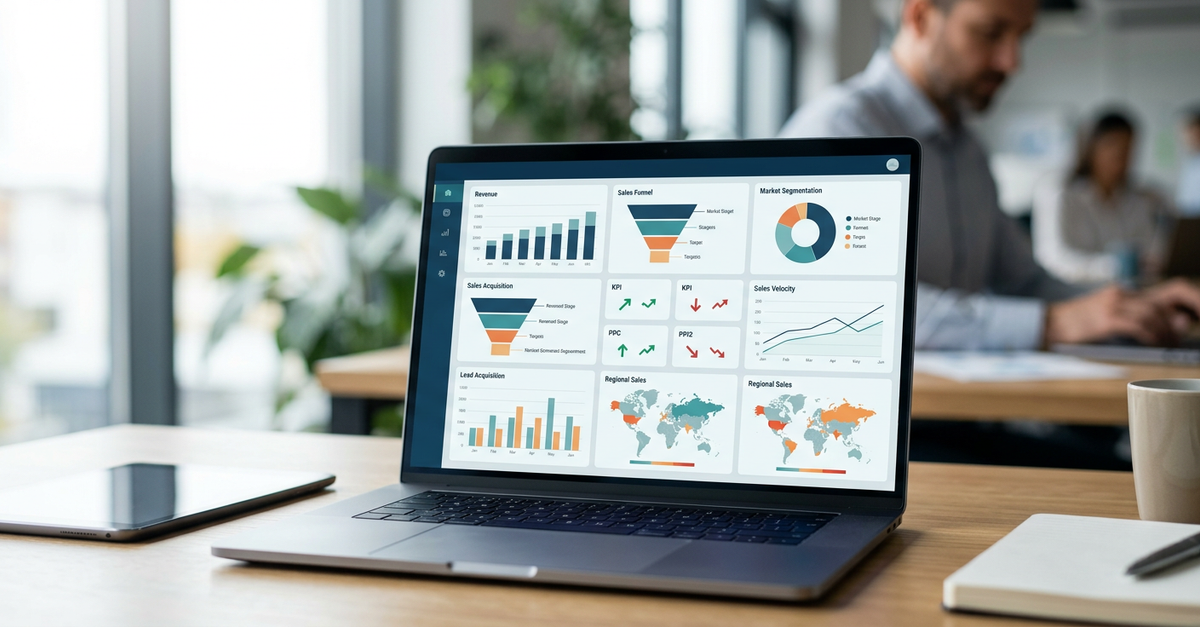 Dashboard de métricas de vendas B2B com indicadores de performance