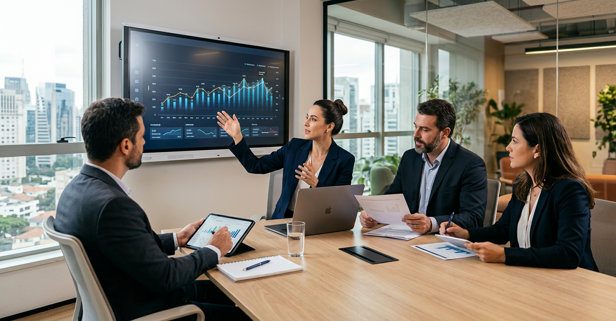 Equipe de consultoria de vendas B2B em reunião estratégica