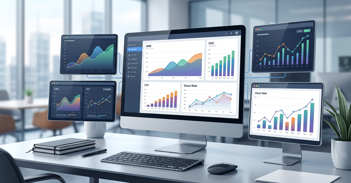 Dashboard de métricas SaaS B2B mostrando MRR, CAC e growth rate