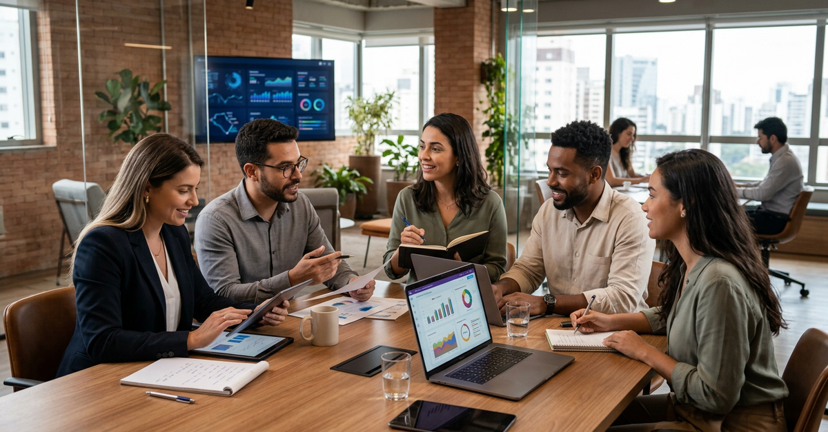 Modelo híbrido de marketing B2B combinando agência e equipe interna