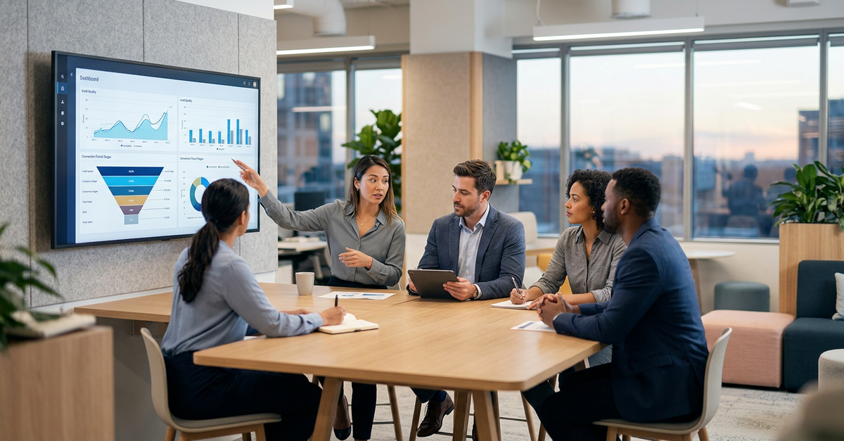 Equipe de marketing B2B e vendas alinhada para geração de leads qualificados